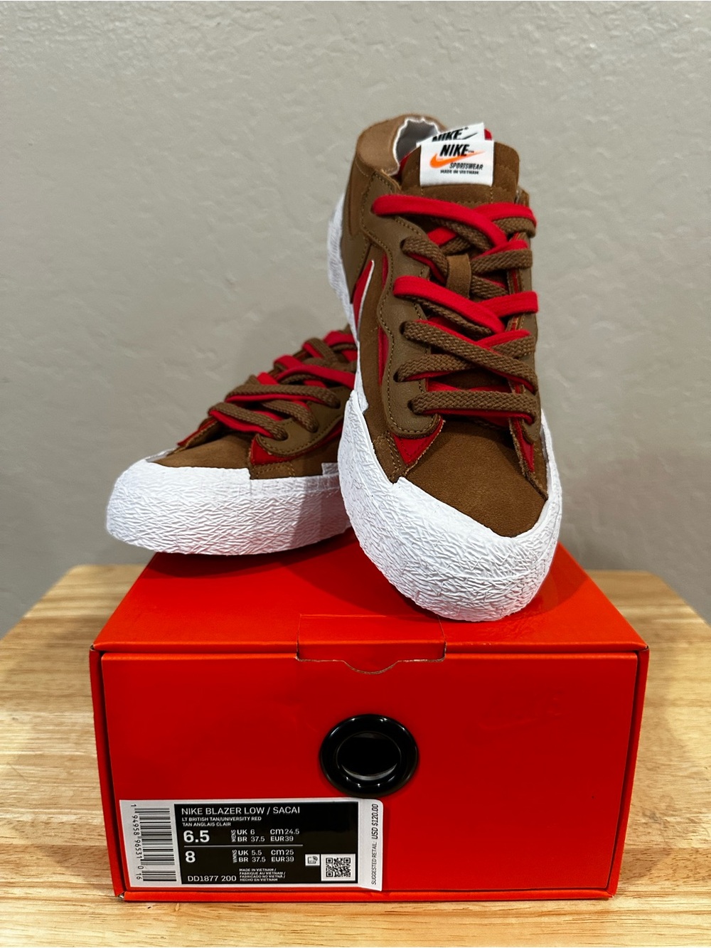 Nike Sacai: Blazer Low in Brown with Red Accents